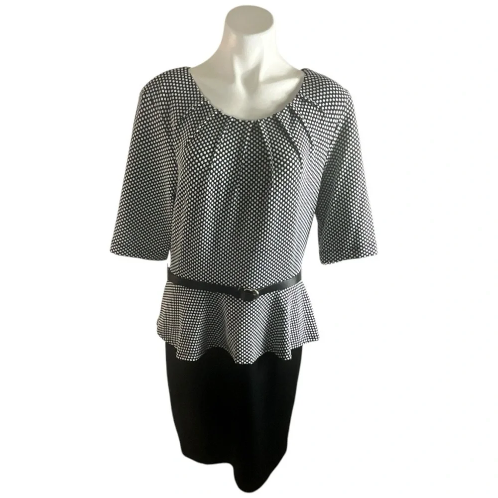 Connected Black and White Polka‎ Dot Belted Zip Back Peplum Dress